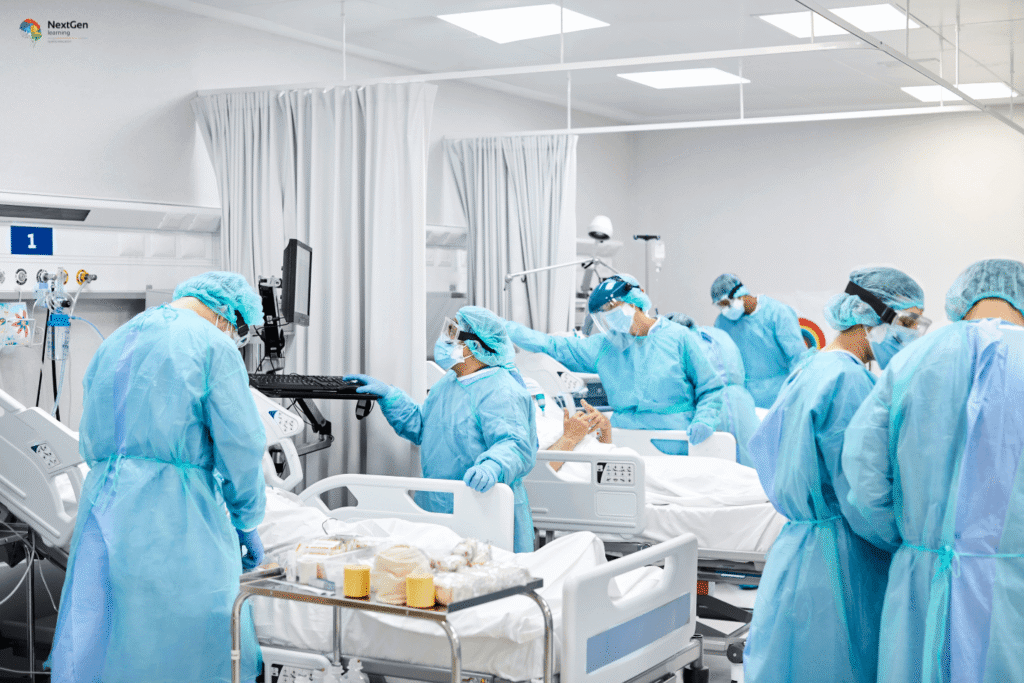 Infographic showing COVID‑19 critical care, highlighting ICU treatment, protective equipment, ventilator support, teamwork of healthcare professionals, and advanced medical technology used to manage severe cases.