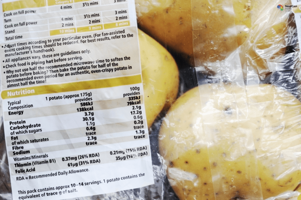 Infographic showing food labelling, highlighting nutritional values, cooking instructions, vitamins, minerals, and consumer guidance for healthier choices and informed eating.
