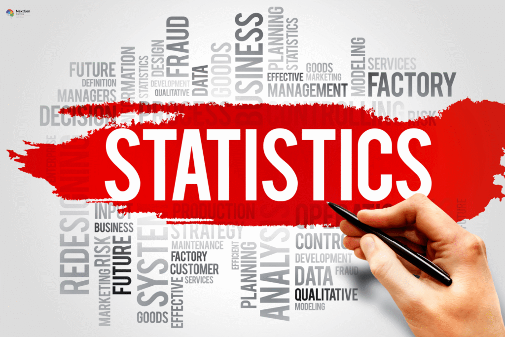 Infographic showing statistics, highlighting data analysis, qualitative and quantitative methods, business applications, risk management, and strategic decision‑making through statistical insights.