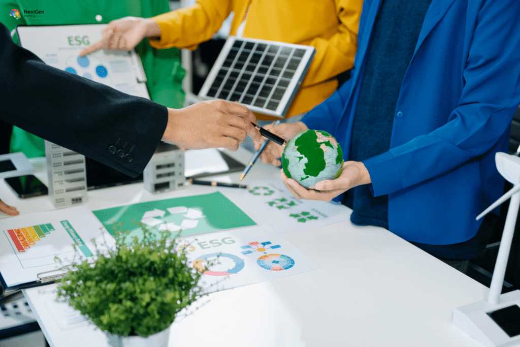 Infographic showing environment management, highlighting sustainability practices, renewable energy, ESG collaboration, recycling initiatives, and eco‑friendly development for greener futures.