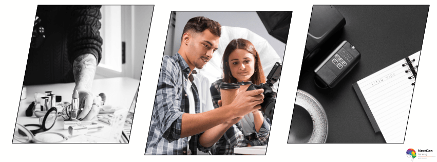 Photographers working with camera, equipment setup, and planning tools