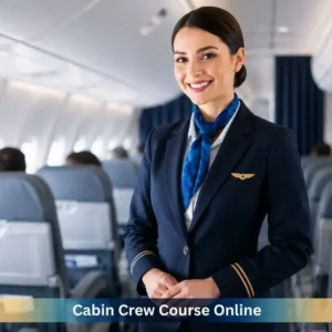 Professional cabin crew member standing inside a commercial aircraft cabin, representing online cabin crew training and flight attendant career preparation.