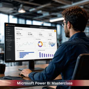 Microsoft Power BI dashboard analyst reviewing business intelligence reports, data visualisations, sales analytics and performance metrics on a desktop computer in a modern office.