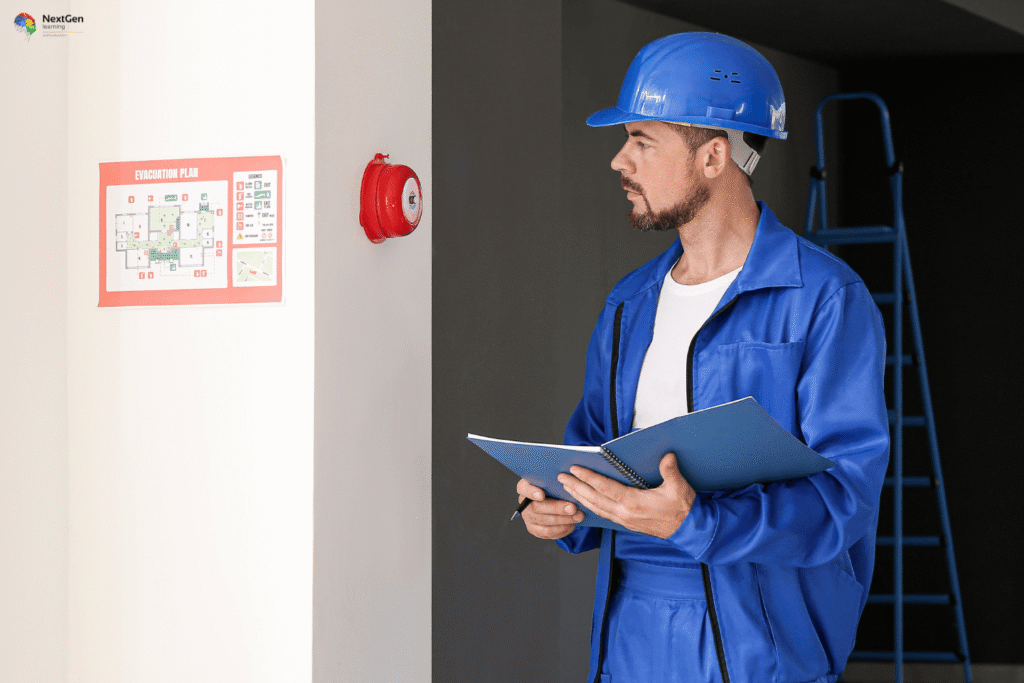 Infographic showing fire risk assessment, highlighting workplace safety checks such as identifying hazards, assessing who may be harmed, reviewing evacuation plans, and ensuring compliance with fire safety procedures to reduce risks and protect employees.