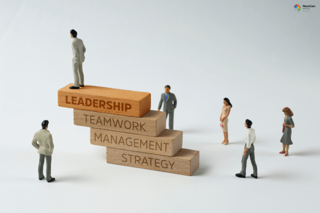 Infographic showing leadership success foundation, highlighting progression through strategy, management, teamwork, and leadership skills to strengthen organizational growth and career development.