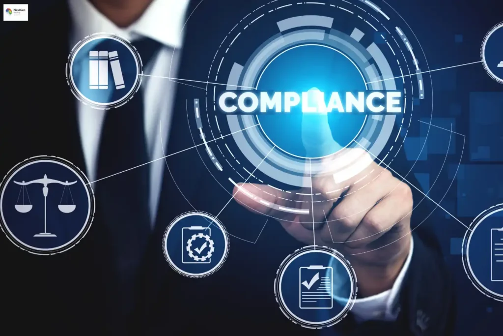 Infographic showing compliance management, highlighting justice, regulations, auditing, and digital verification processes to ensure accountability, adherence to standards, and corporate responsibility.