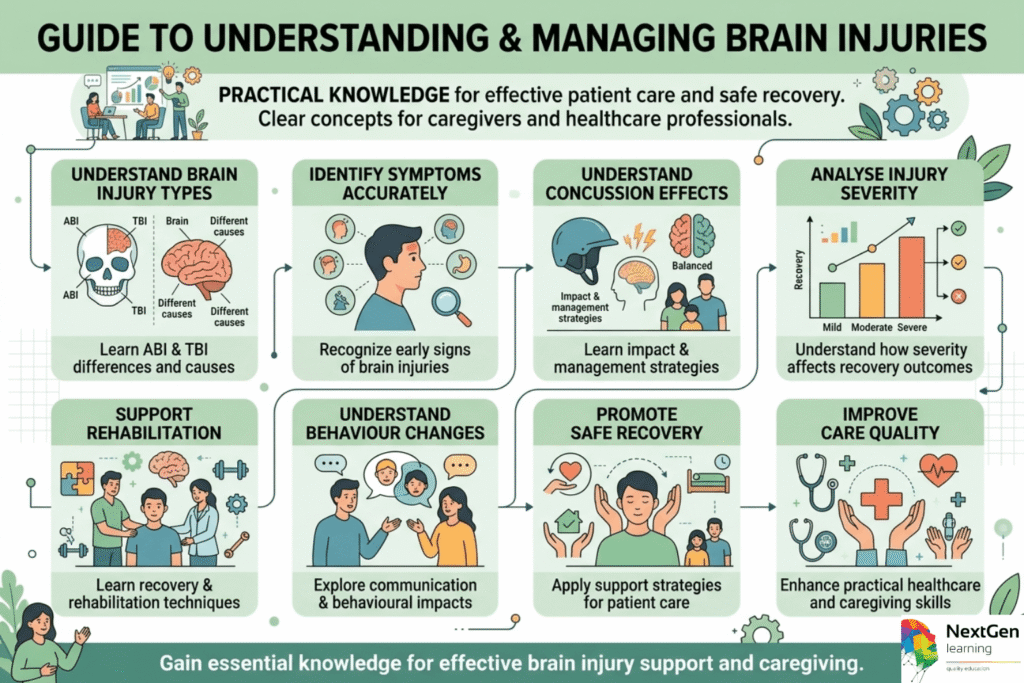 Brain injury rehabilitation course infographic showing ABI, TBI symptoms, recovery and care strategies