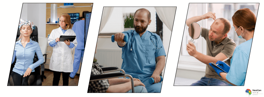 healthcare professionals supporting brain injury rehabilitation patients in clinical settings