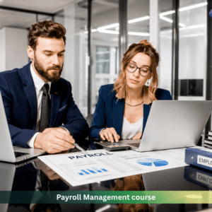 Payroll management professionals reviewing employee payroll records, salary reports, and financial data in a modern office environment for payroll management training course.