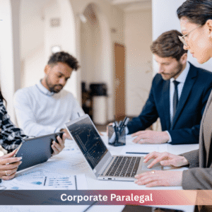 Professional corporate paralegal team reviewing legal and financial documents during a business meeting in a modern office environment
