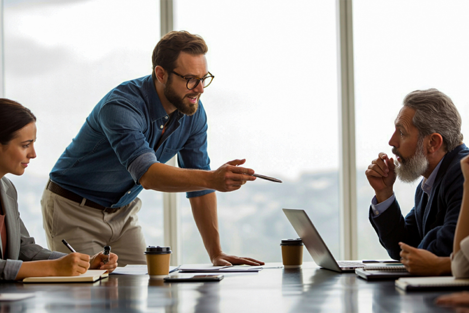 Professionals discussing ideas in office setting