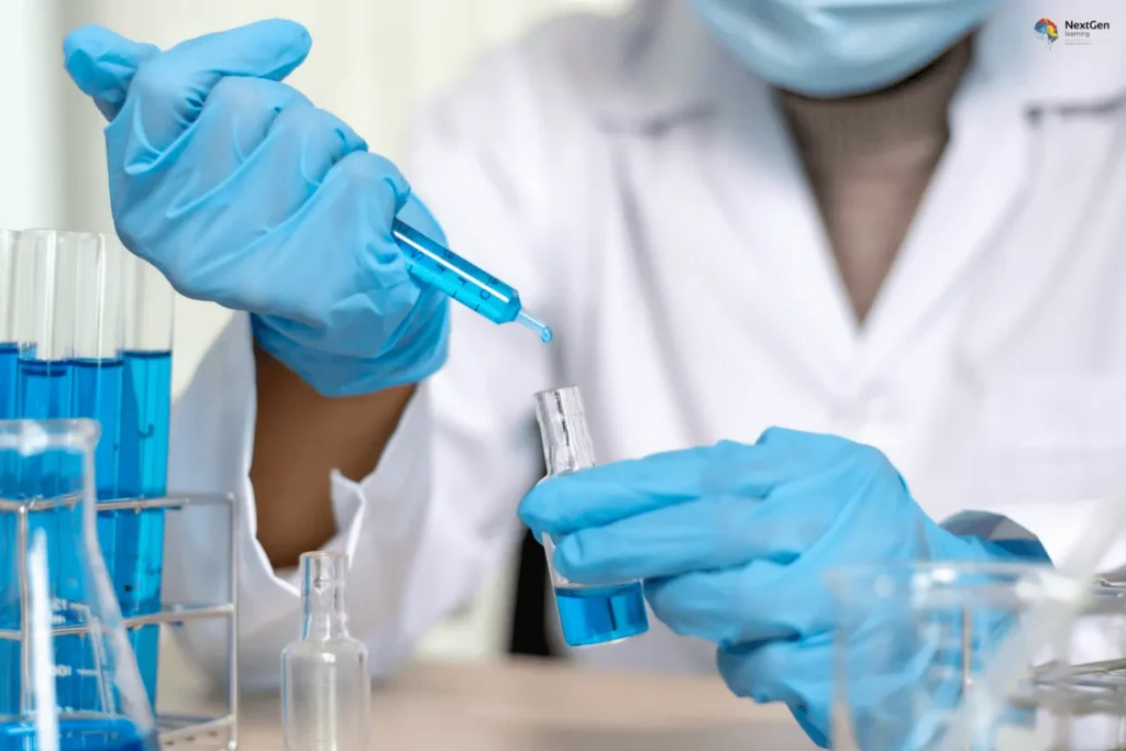 Infographic showing pharmacology and toxicology, highlighting drug mechanisms, chemical safety, laboratory testing, and the study of therapeutic benefits versus harmful effects in medicine and science.