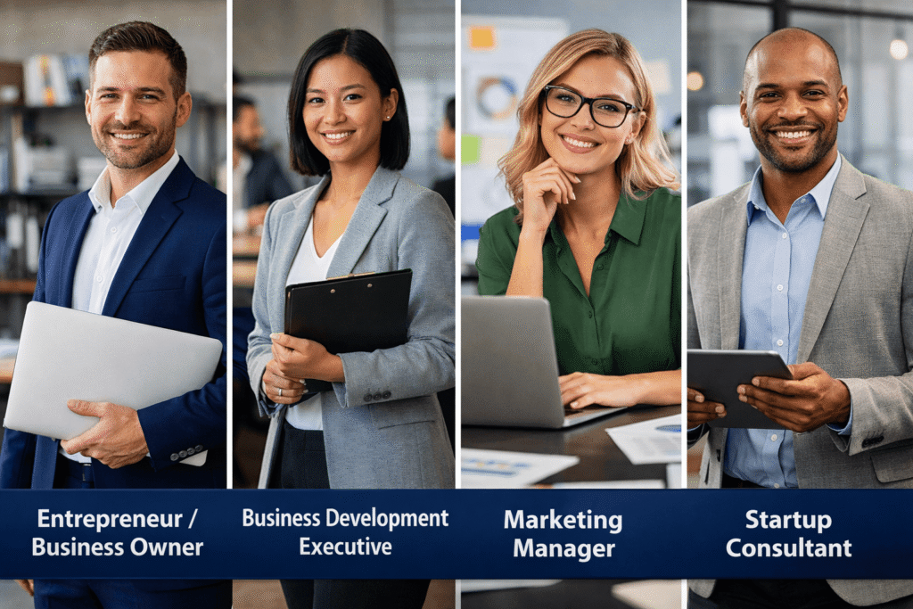 Entrepreneurship career path showing business owner, marketing manager and startup consultant