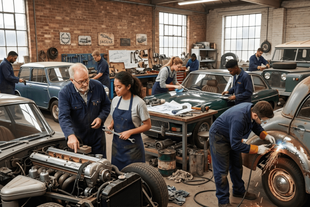 Automotive workshop with multiple classic cars and team collaboration on restoration tasks including welding, polishing, and engine repair, symbolizing hands‑on learning and craftsmanship