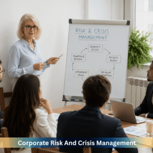 Corporate Risk and Crisis Management online course showing a business trainer explaining risk assessment, crisis planning and organisational resilience to professionals.