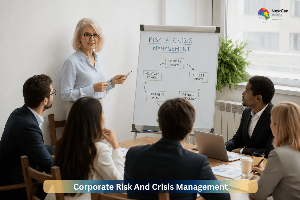 Corporate Risk and Crisis Management online course showing a business trainer explaining risk assessment, crisis planning and organisational resilience to professionals.