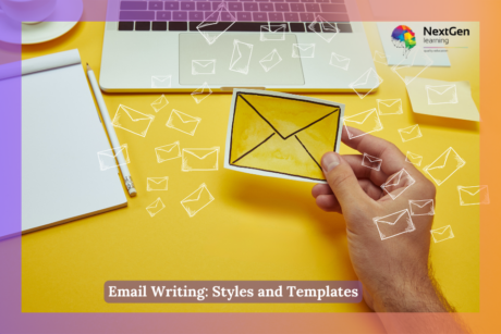 cropped image of man holding envelope sign near laptop with 'email writing' lettering and email icons