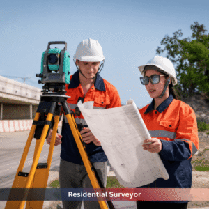 Residential surveyors reviewing construction plans and conducting site measurements for property inspection and valuation in the UK
