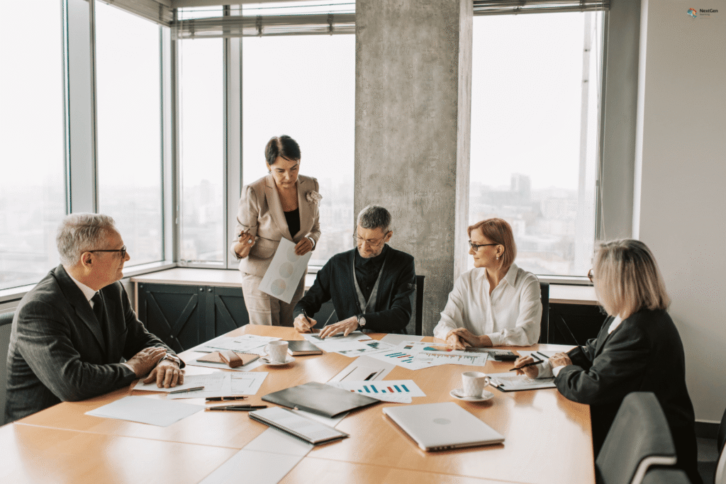 Infographic showing corporate governance and strategic management, highlighting board oversight, leadership accountability, risk analysis, compliance, and long‑term business strategy for sustainable growth.