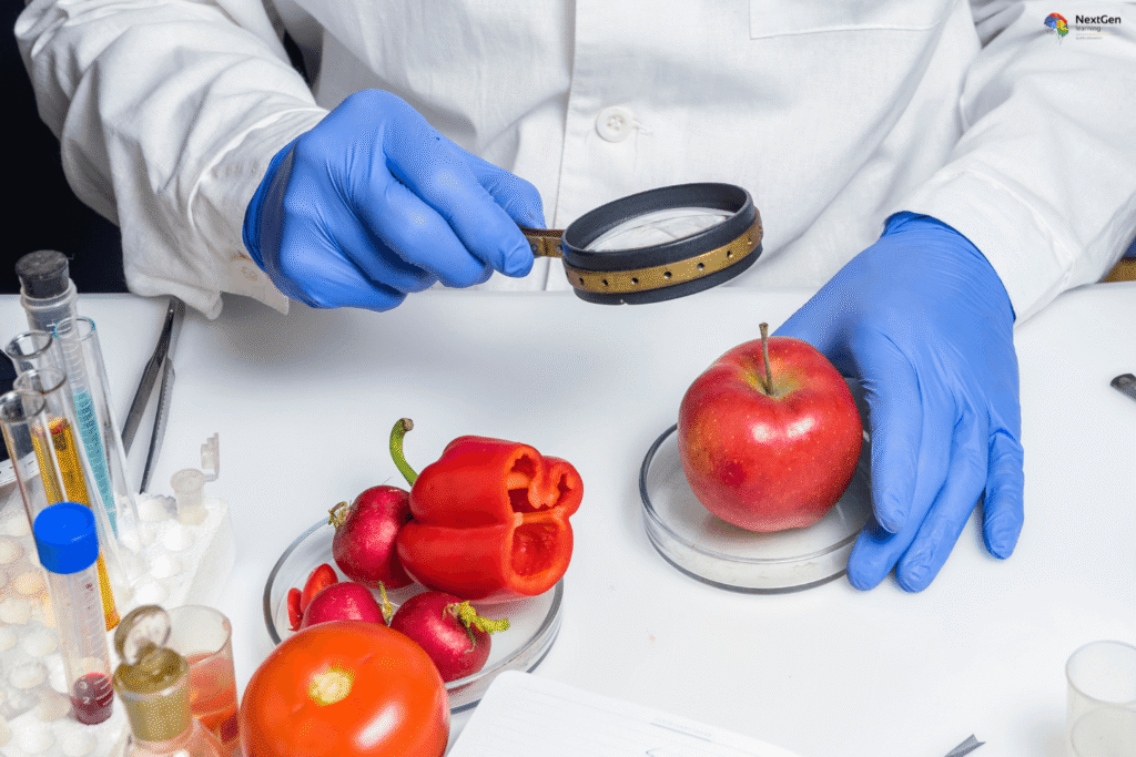 Infographic showing food safety, highlighting hygiene practices, contamination prevention, safe food handling, laboratory testing, and compliance with food industry regulations.