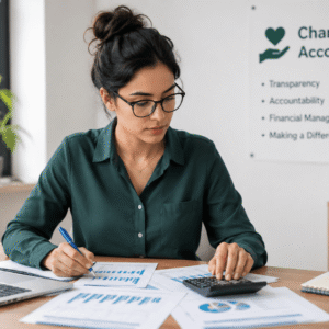 Professional analysing charity financial reports and using a calculator in an office, representing charity accounting, fund accounting, financial reporting and non-profit finance management.