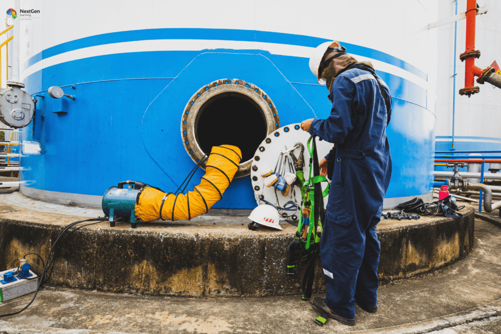 Infographic showing excavation work and confined spaces, highlighting industrial safety practices, protective equipment, ventilation systems, and hazard controls to ensure worker protection and compliance with workplace safety standards.