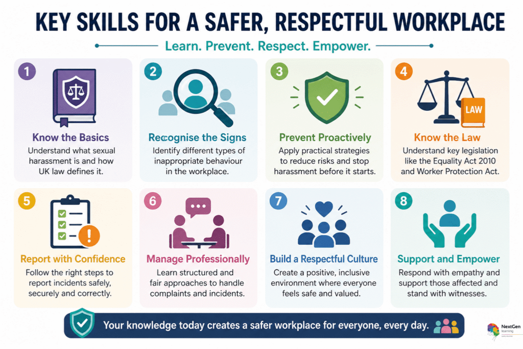 Sexual harassment awareness training infographic showing key workplace prevention skills
