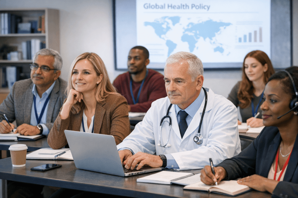 A diverse group of healthcare professionals, policy makers, and students attentively participating in an international healthcare policy course in a modern classroom setting.