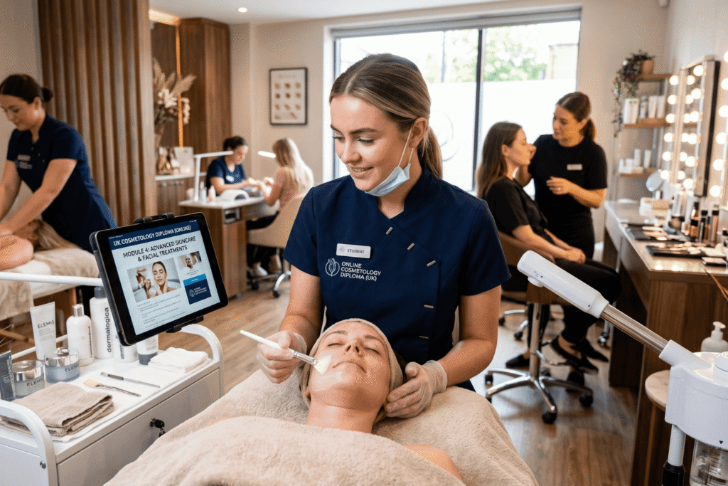 Modern cosmetology classroom showing students practicing facial treatments, massage, manicure, and makeup with skincare products and digital learning modules
