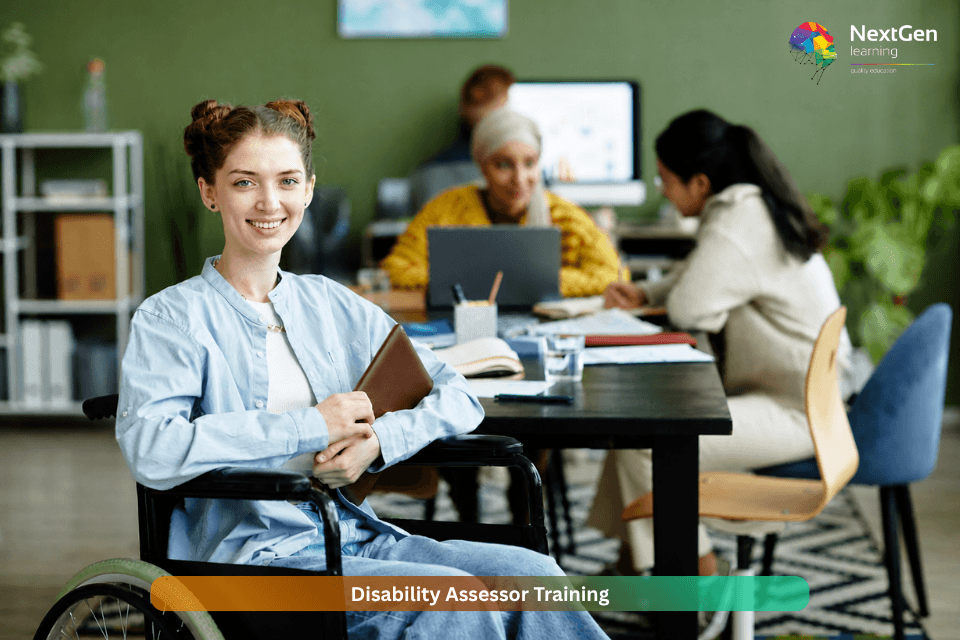 Disability assessor training student in wheelchair studying with team in office environment UK healthcare assessor course