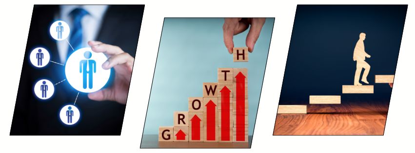Human Growth and Development, Human Life Cycle, career progression and personal growth represented by a series of icons and images showing human connection, growth, and development through stages.