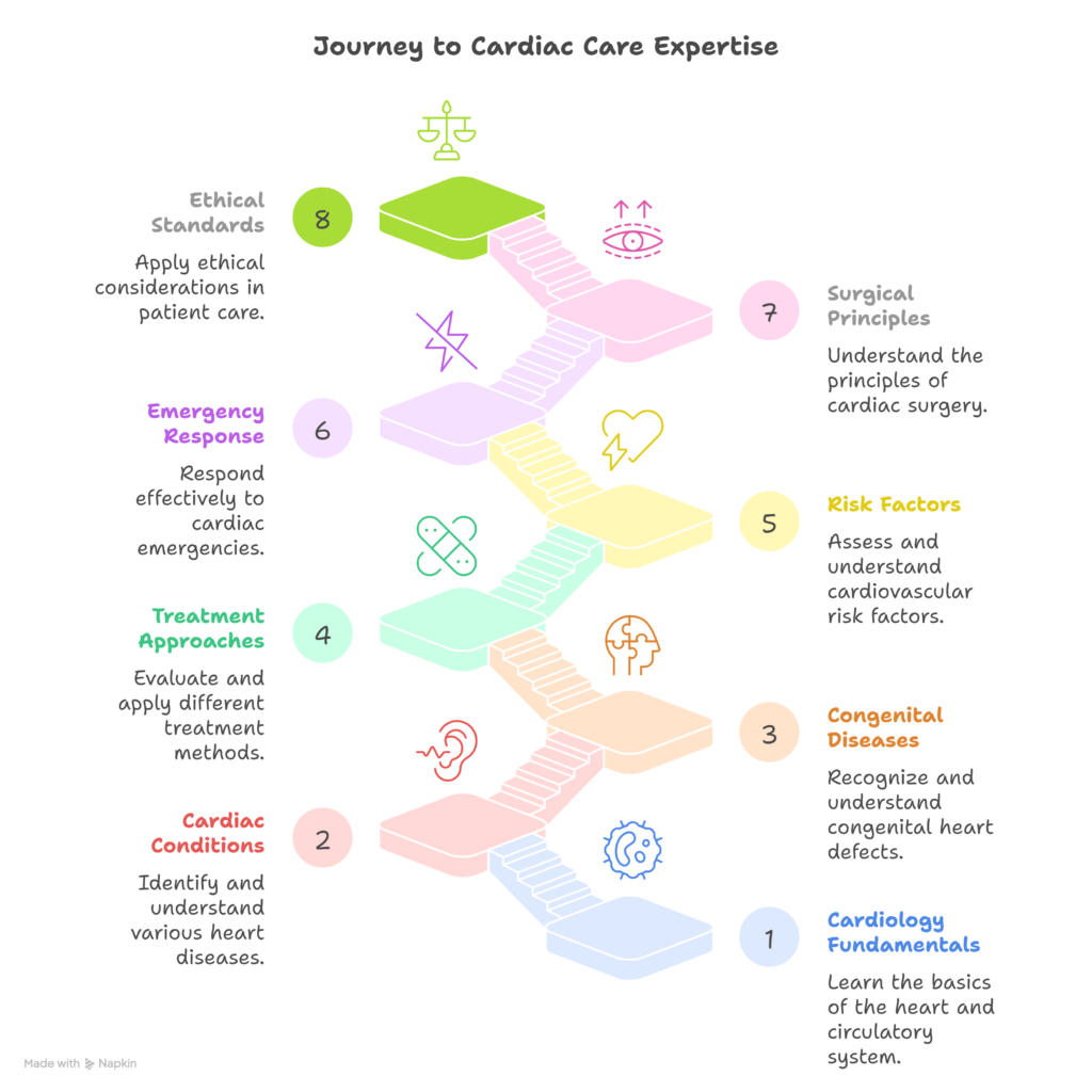 Infographic showing the step-by-step journey to cardiac care expertise in cardiology, from fundamentals to ethical standards.