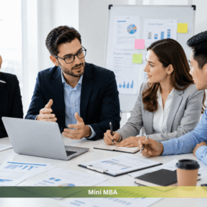 Professionals discussing business strategy and leadership in a modern office for a Mini MBA online course