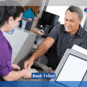 Customer at the bank getting money from teller