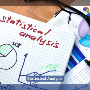 Notebook with handwritten "Statistical Analysis" and drawn charts, surrounded by graphs, a pen, and eyeglasses, representing data analysis.