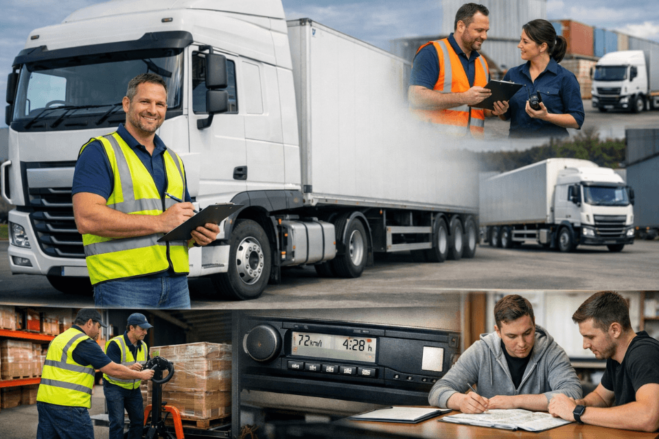 A realistic UK LGV training scene featuring a certified instructor beside a white articulated lorry, logistics staff coordinating near cargo containers, warehouse workers loading goods, a tachograph device in use, and trainees studying transport materials—highlighting hands-on learning and compliance readiness.