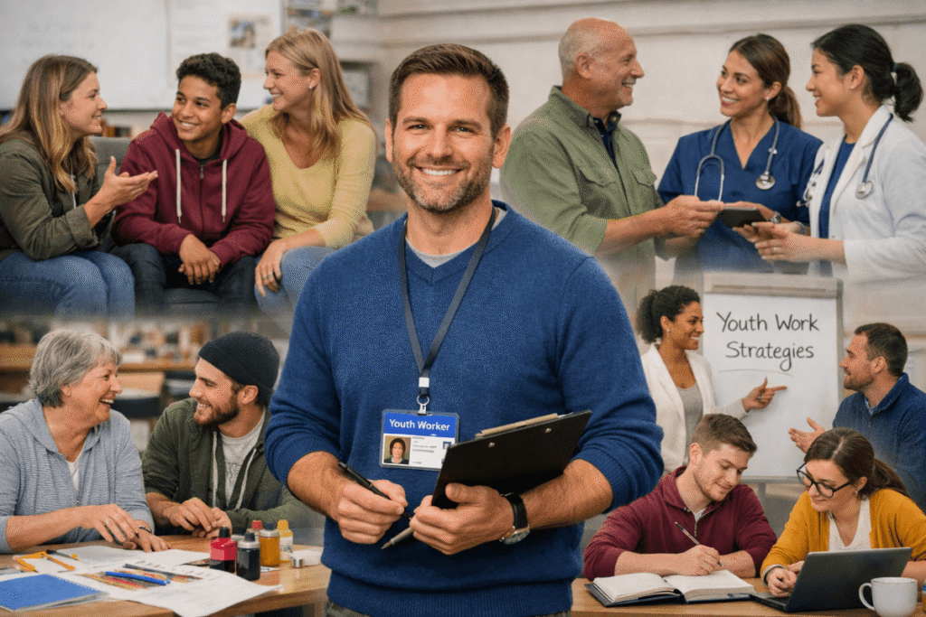 A certified youth worker stands in a community center with a clipboard and ID badge, surrounded by scenes of teachers, volunteers, health professionals, and trainees engaging with young people through mentoring, creative projects, and strategy sessions—depicting practical youth work training in the UK.