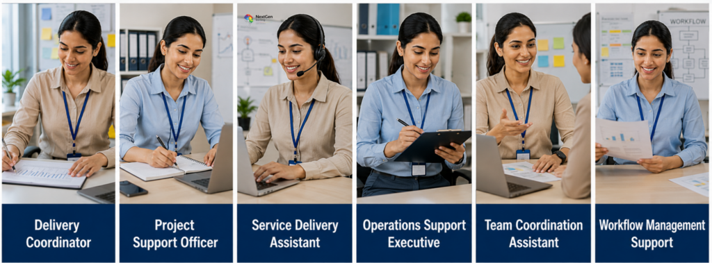 Infographic showing delivery manager career roles including coordinator, project support, service delivery, operations, team coordination, and workflow management