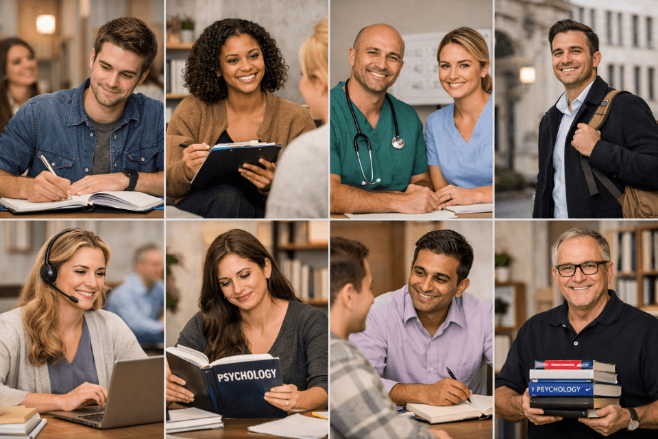 Realistic photo collage showing psychology diploma students and professionals in various settings—classrooms, healthcare, online learning, and career transitions—representing aspiring psychologists, career changers, and CPD learners in the UK.