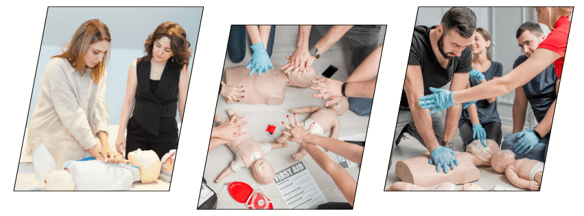 Workplace Safety scene: employees use a first aid kit near an AED sign, reflecting a Frst Aid Course focus.