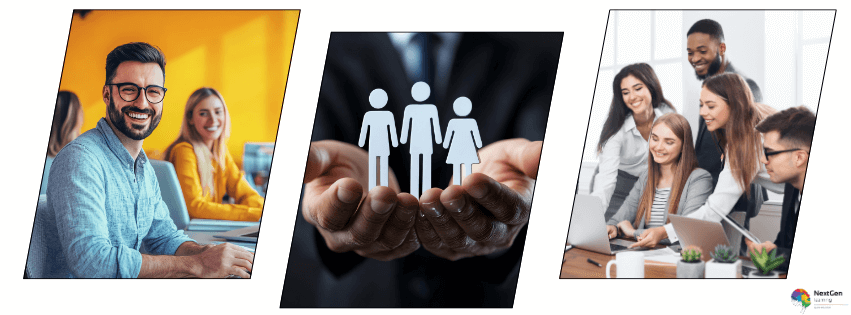 Workplace performance management training showing professionals collaborating, employee development planning, and team performance improvement in a modern office environment.