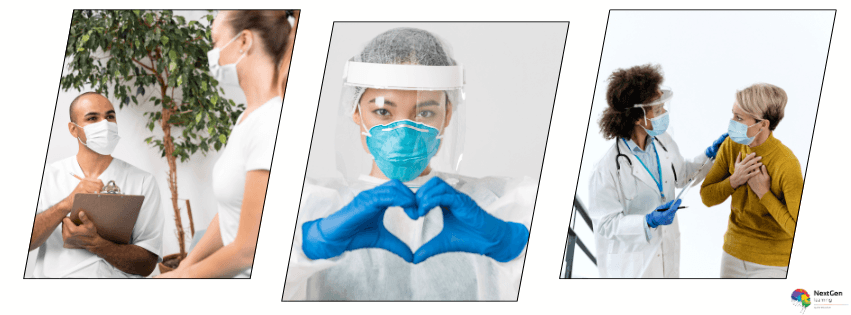 healthcare workers using PPE and supporting patient safety in care environment