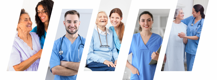 A collage of five images showing healthcare professionals, including nurses and caregivers, interacting with elderly patients and posing. Represents the diverse roles learned in a Care Certificate and Healthcare training course.