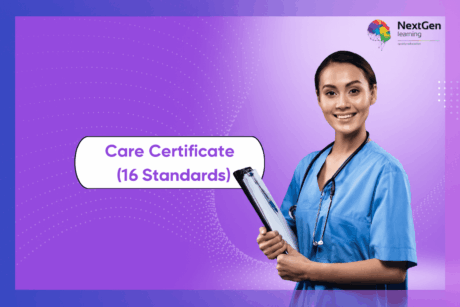 A smiling healthcare professional wearing blue scrubs and a stethoscope, holding a clipboard, against a purple background with dotted design elements. The text overlay reads: 'Care Certificate (15 Standards),' and the 'NextGen Learning' logo is displayed in the top-right corner.