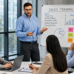 Sales training course instructor teaching practical sales techniques to business professionals during an interactive sales skills workshop.