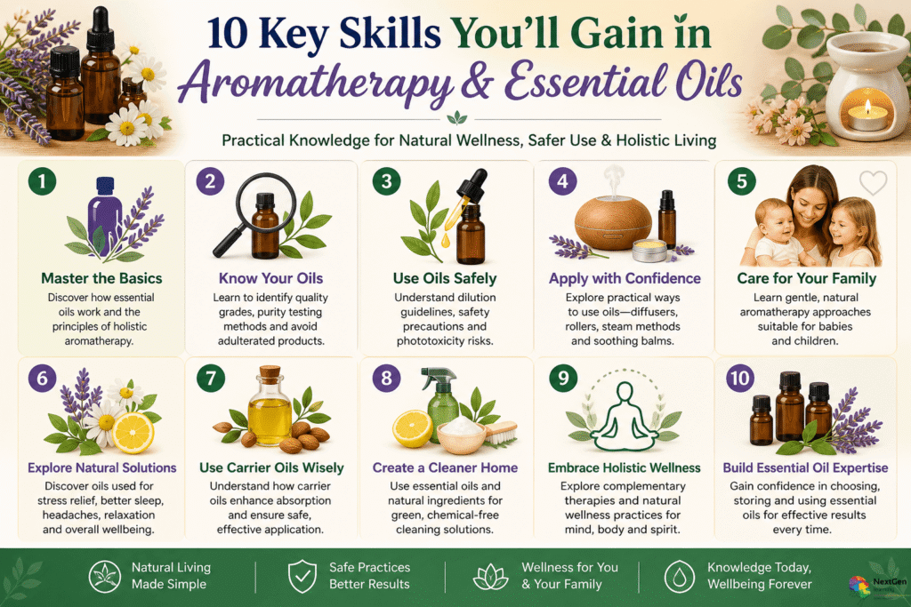 Aromatherapy infographic showing essential oils, wellness techniques, and natural home care concepts