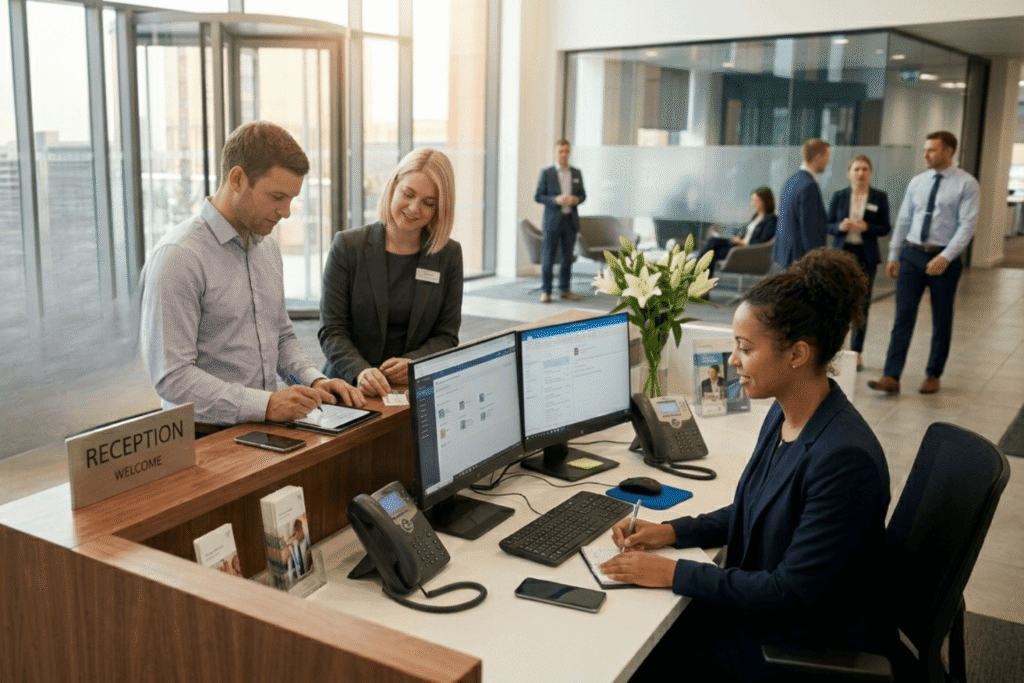 Professional reception area with staff assisting visitors at desk, showing front desk skills in communication, organization, and customer service within a modern office lobby