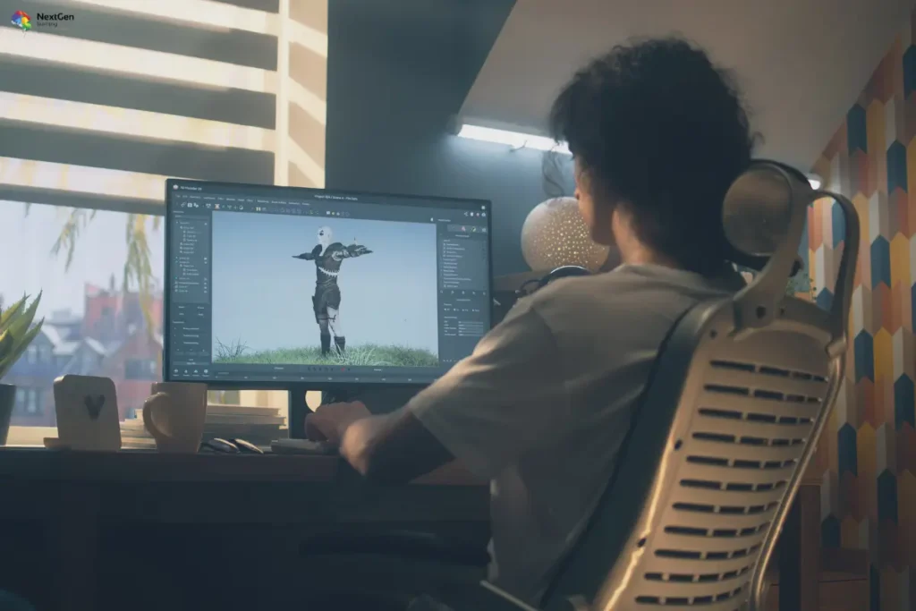 Infographic highlighting Unity 3D game development, focusing on character modeling, animation, environment design, coding, and interactive gameplay creation for immersive digital experiences.