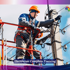 Electrician in safety gear working on overhead power lines from an elevated platform, with the title “Electrician Complete Training” and the NextGen Learning logo.