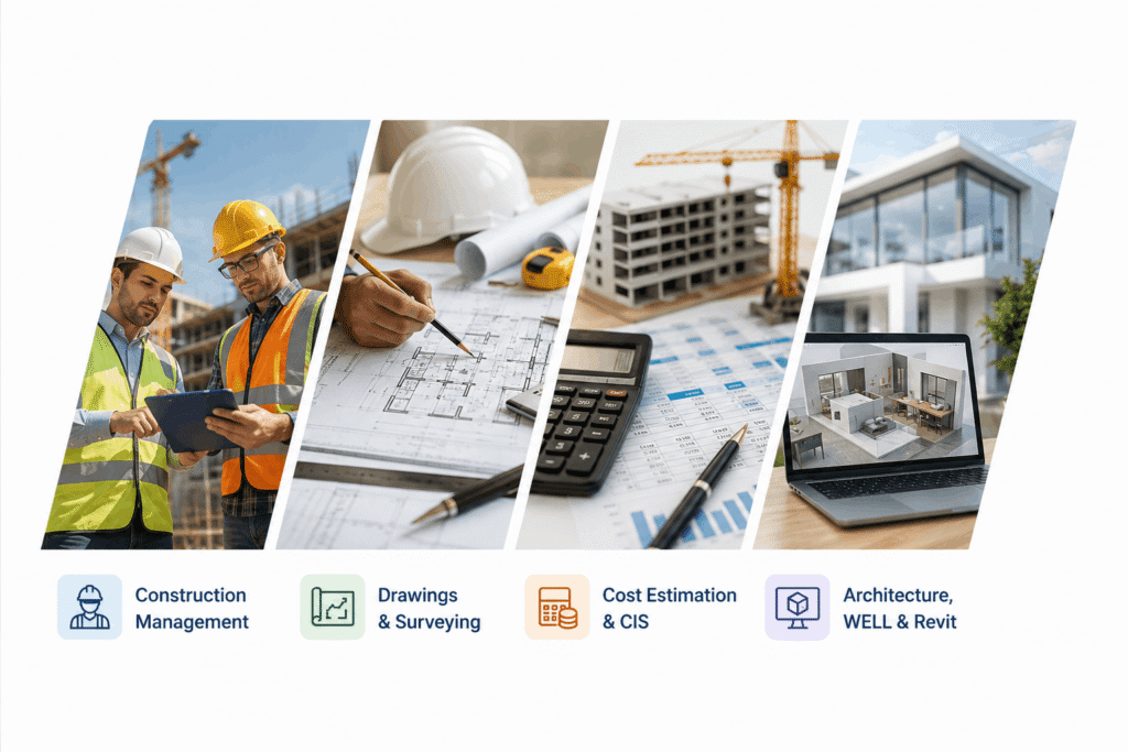 Structural engineering, construction management and surveying course bundle with drawings, cost estimation, CIS and Revit training